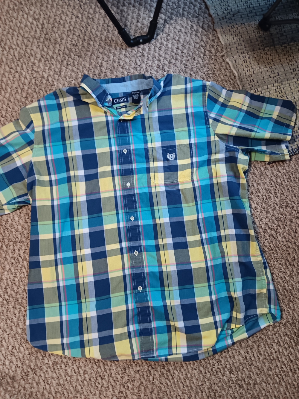 Chaps Men’s Blue, Yellow & Teal Plaid Short-Sleeve Button-Up